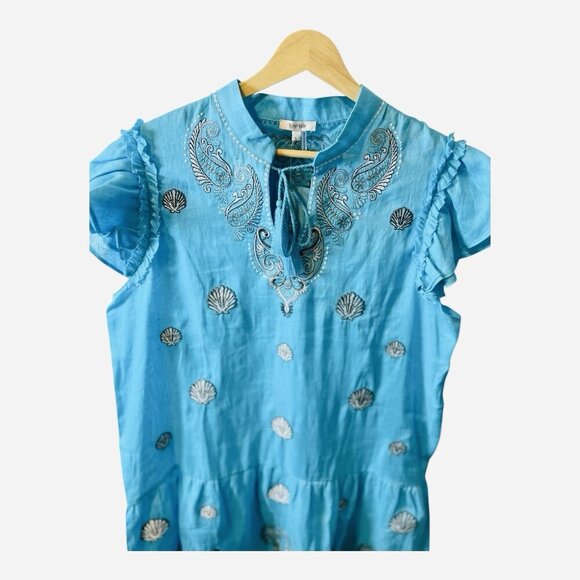 Tyler Boe Womens Linen Aimee Embroidered Ruffled V-Neck Tied Dress Blue Size L - Picture 3 of 10